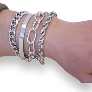 Silver Mixed Chain Links Stackable Bracelets Set 4pcs NEW